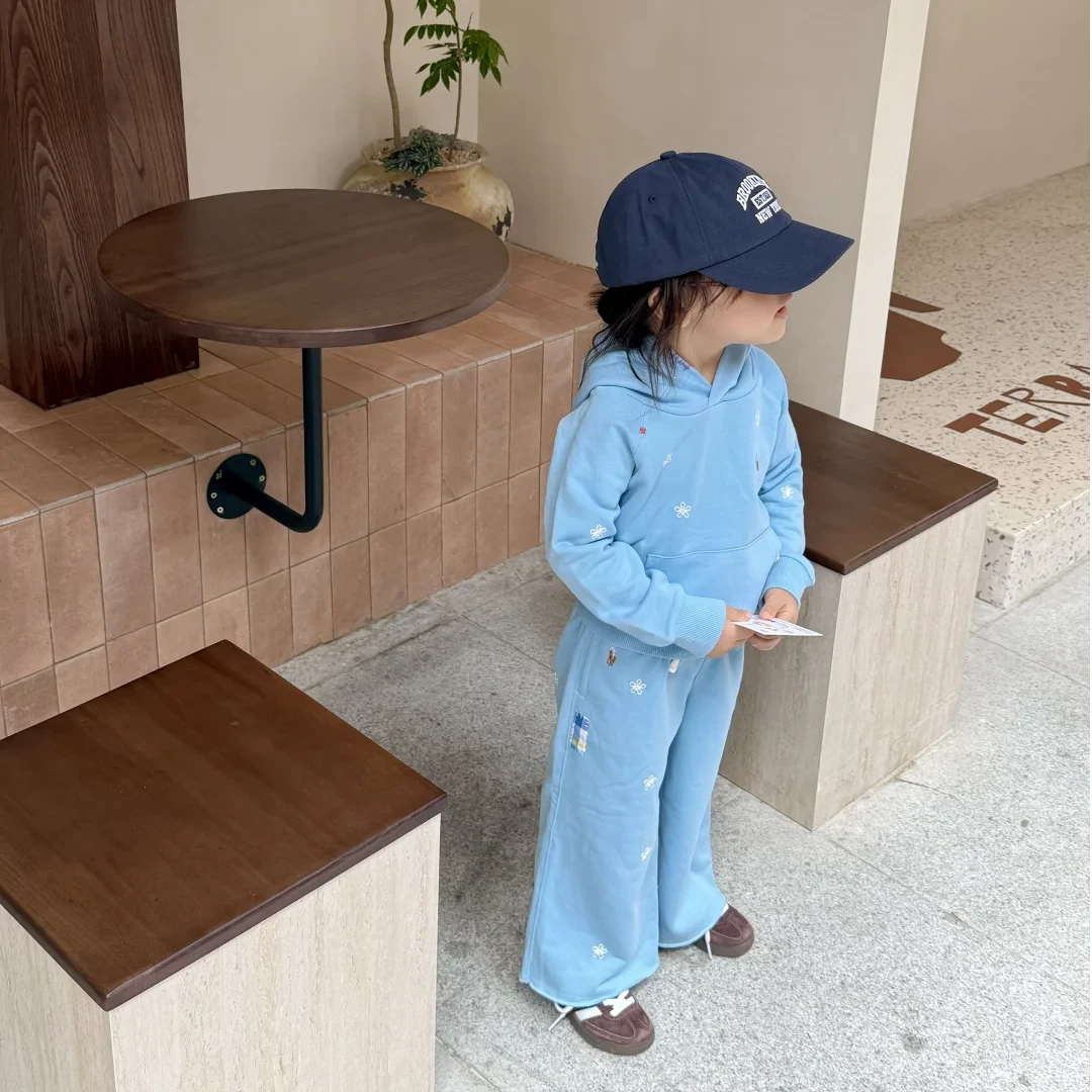 现货】壹妈韩版童装女童秋装套装洋气儿童休闲蓝色连帽卫衣休闲裤