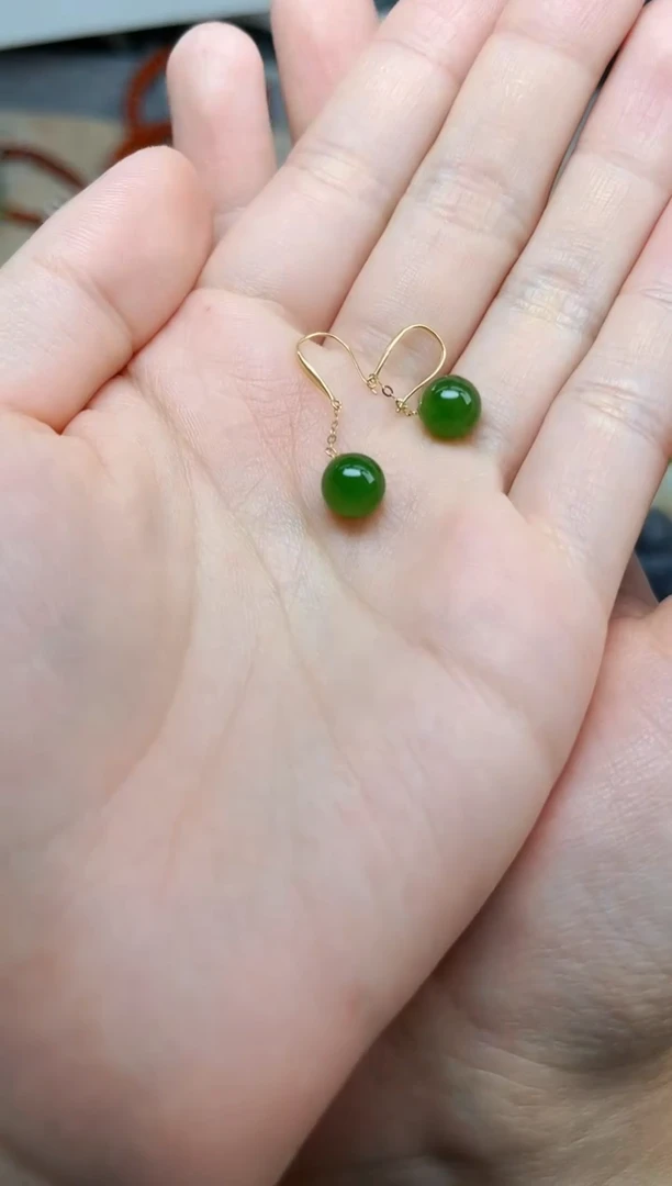 和田玉18K金镶嵌耳饰圆珠耳钩06