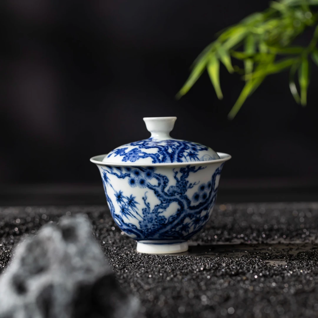 〖瑶瑶甄选〗望月怀古松竹梅两才盖碗精工手绘景德镇陶瓷茶器家用