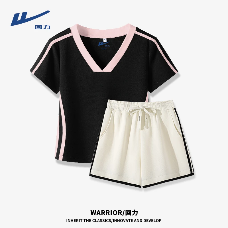 回力V领修身短袖短裤女装夏装套装2025新款爆款户外出游休闲穿搭L