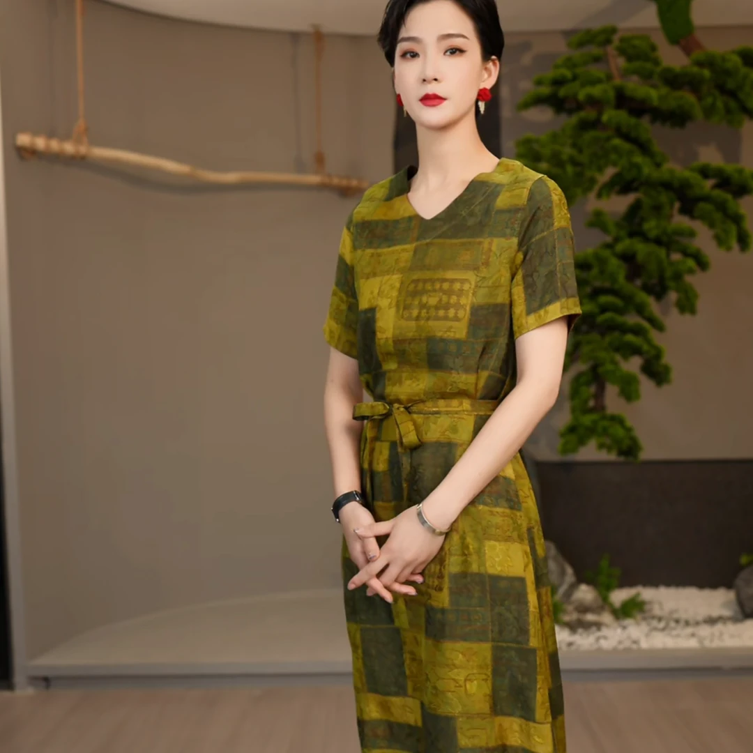 【青霓】夏季双面双穿新中式连身裙子女装国风人丝V领短袖袖连衣裙