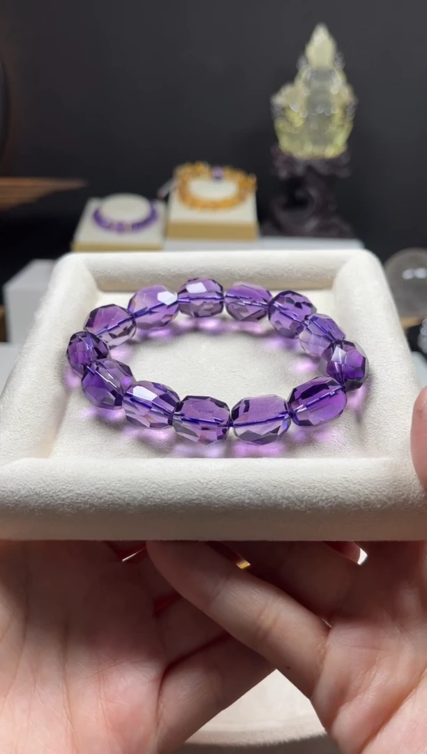未镶嵌手链紫晶吉**利天然紫水晶钻切面手串13mm+