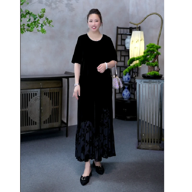 【MIAOCI】93667新品时尚精美气质款宽松遮肉圆领钉珠拼接连衣裙