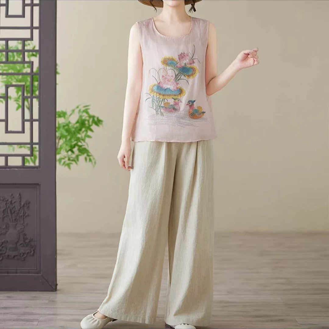 【现货+运费险】棉麻套装显瘦绣花背心休闲阔腿裤两件套Y996566