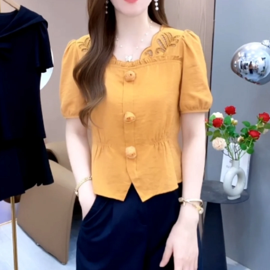 新款夏季小香风荷叶领2025时尚百搭小衫宽松遮肉短袖通勤女士上衣