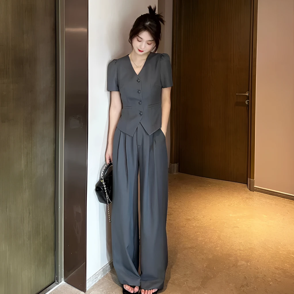 2025新款轻奢时尚套装女气质百搭显瘦开衫休闲阔腿裤两件套