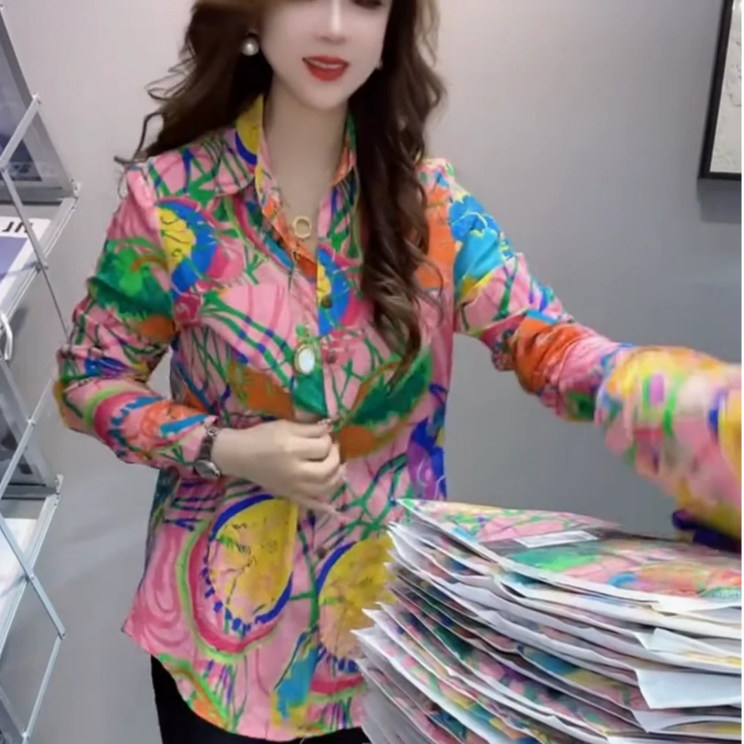 碎花长袖显瘦七彩印花衬衫洋气上衣休闲