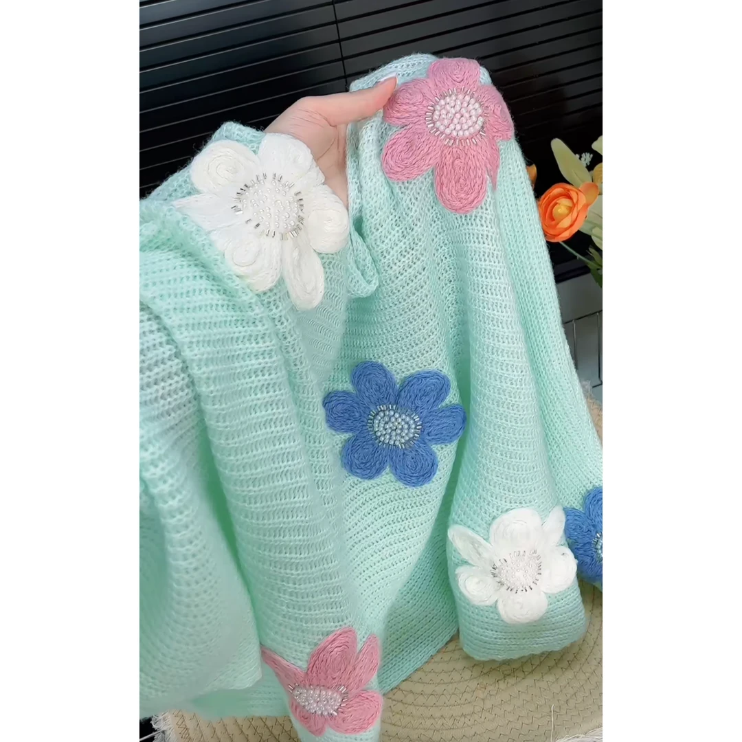 韩系圆领立体花朵长袖针织衫女2025秋季新款宽松显瘦百搭洋气上衣