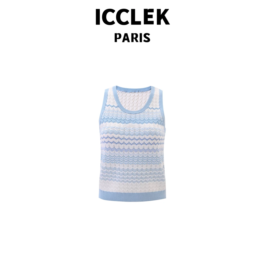 ICCLEK  蓝色波浪纹圆领无袖针织背心百搭气质名媛轻奢短袖 -5479