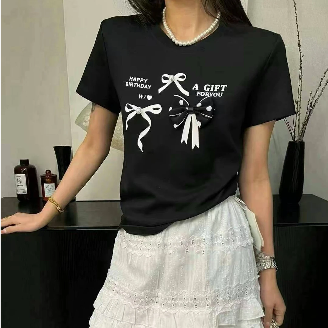夏季韩系休闲百搭减龄字母印花蝴蝶结装饰T恤