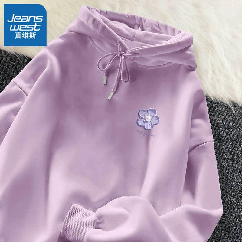 真维斯连帽卫衣女2025秋季新款美式复古印花帽衫宽松显瘦薄款上衣
