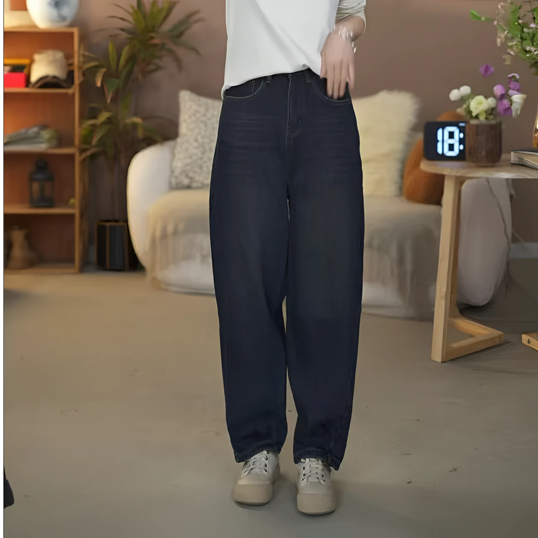 6605冬季女士宽松百搭保暖休闲冬季加绒加厚款牛仔裤老爹裤休闲裤