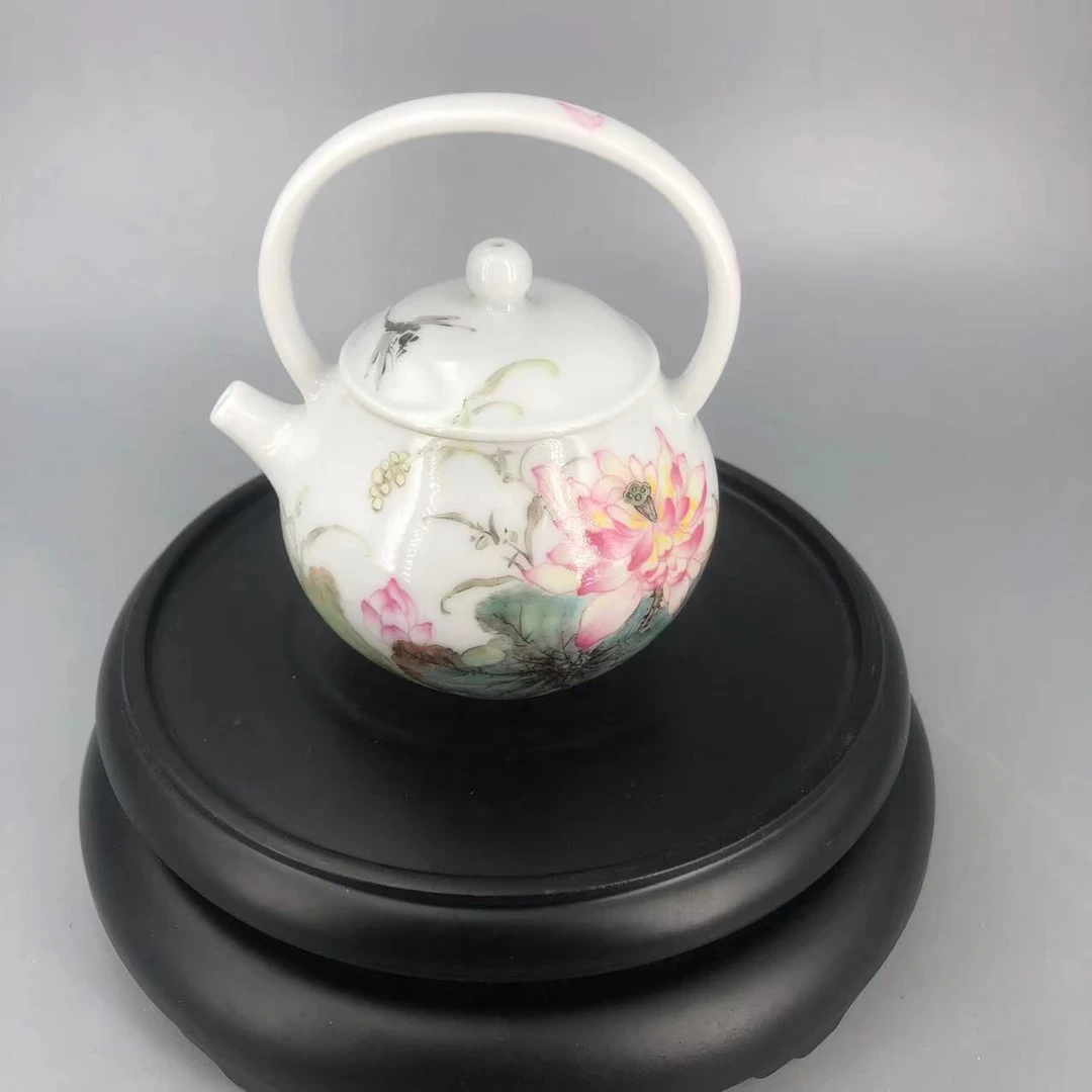 元煦丨粉彩手绘写意荷花小提梁壶白瓷茶具110ml景德镇陶瓷家用