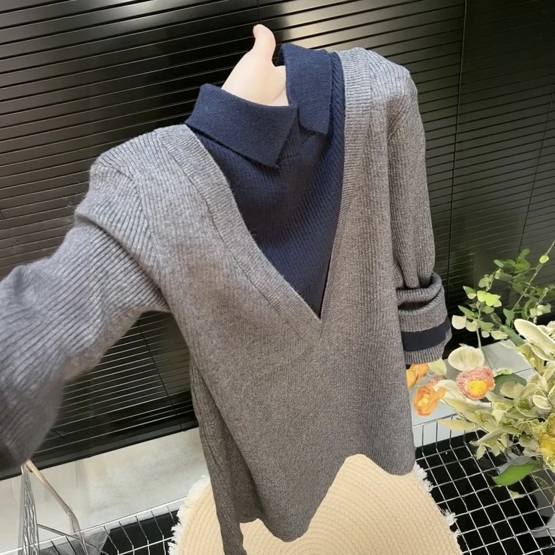 今年流行穿搭2025秋冬新款慵懒风翻领拼接假两件针织衫长袖上衣