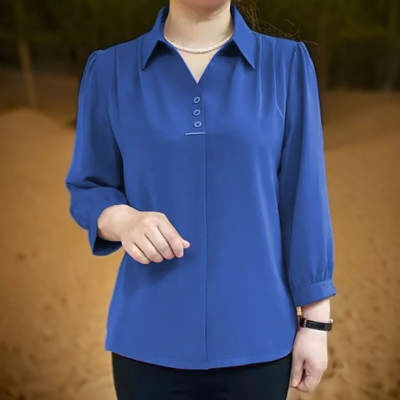 妈妈夏季九分袖T恤洋气小衫中老年女士衬衫领中袖上衣气质大码