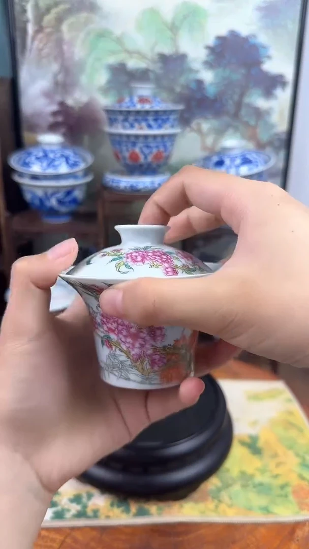 陶瓷粉彩桃花马蹄两才盖碗