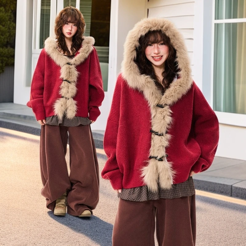 圣诞新年穿搭氛围感毛领外套秋冬韩系宽松慵懒风时尚针织衫毛衣女
