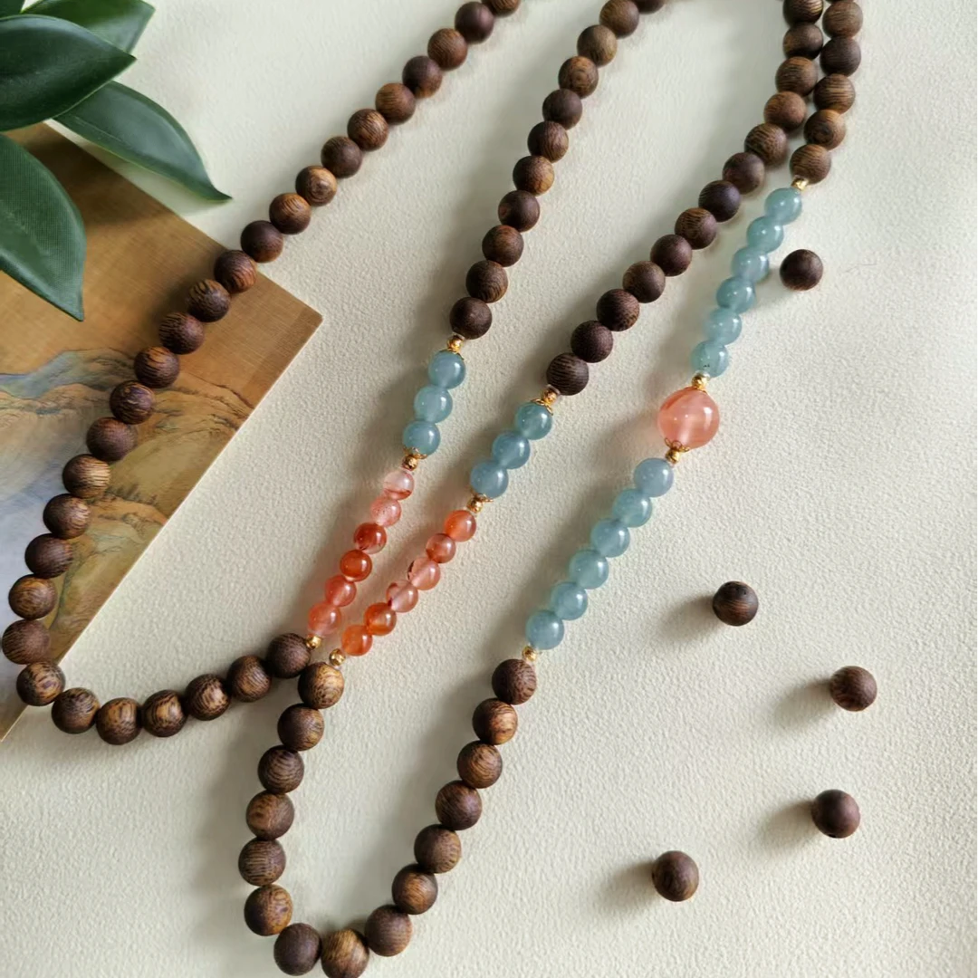 沉香【碧落丹心】18k头货海南绿奇楠·南红翡翠沉香手串（多样性发一）