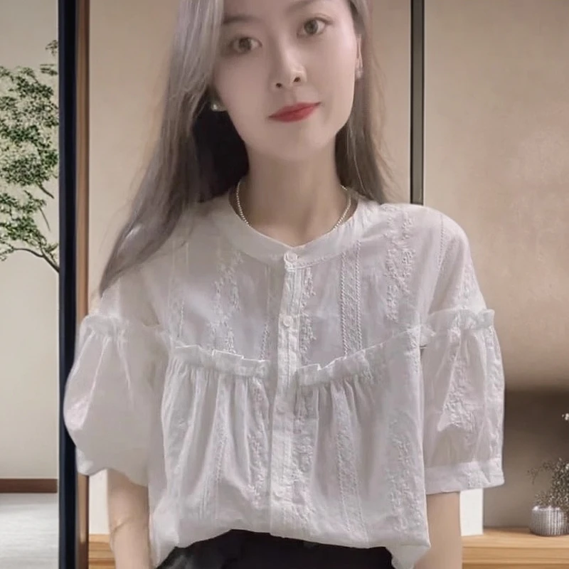 法式复古泡泡袖衬衫女夏设计感小众别致上衣衬衫甜美可爱风格衣服
