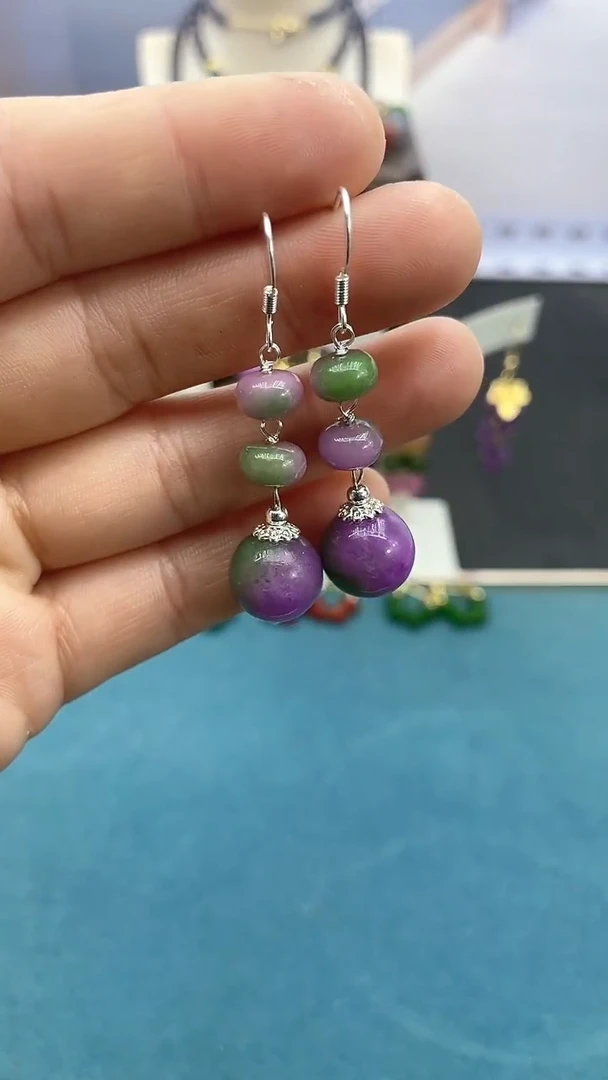 【闪购商品】翡翠耳饰银S925镶嵌春彩三珠耳钩