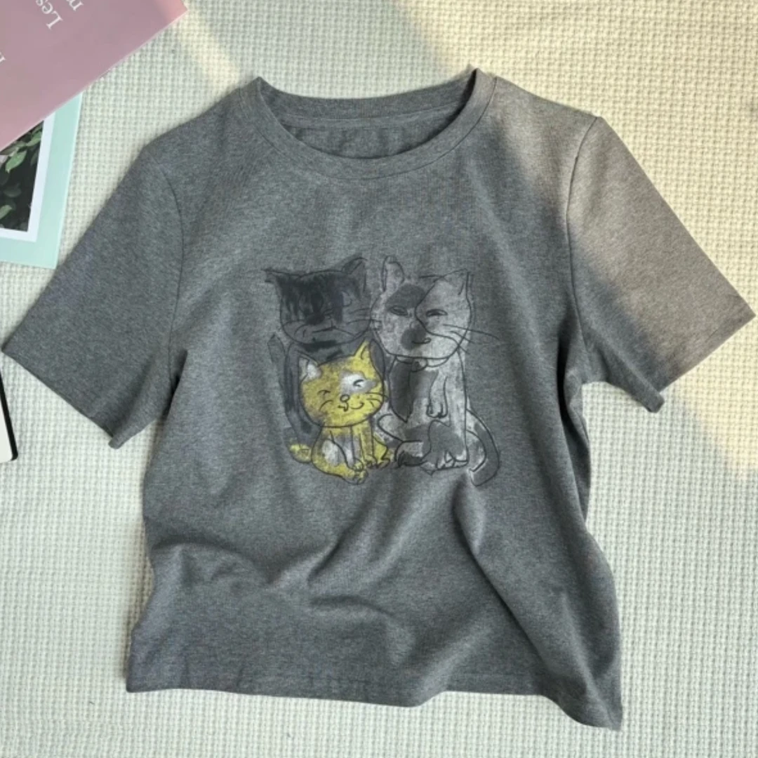 设计感卡通猫咪圆领打底短袖T恤女2025新款夏季韩版百搭修身上衣