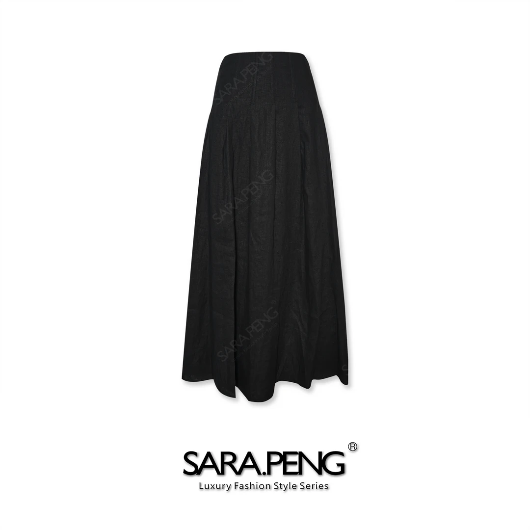 SARA.PENG掩映生姿/新款重工亚麻压褶拉链鱼骨收腰线裙休闲半身裙