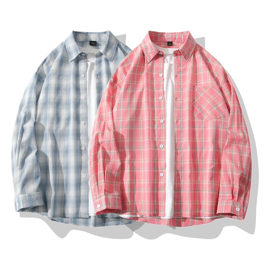 纯棉韩版潮流长袖衬衣男女同款春秋新款文艺格子衫港风宽松衬衫