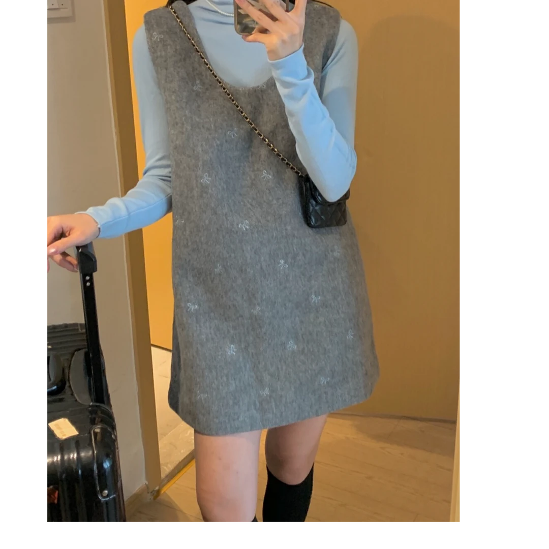 法式蝴蝶结刺绣无袖背心连衣裙半高领加厚打底衫上衣