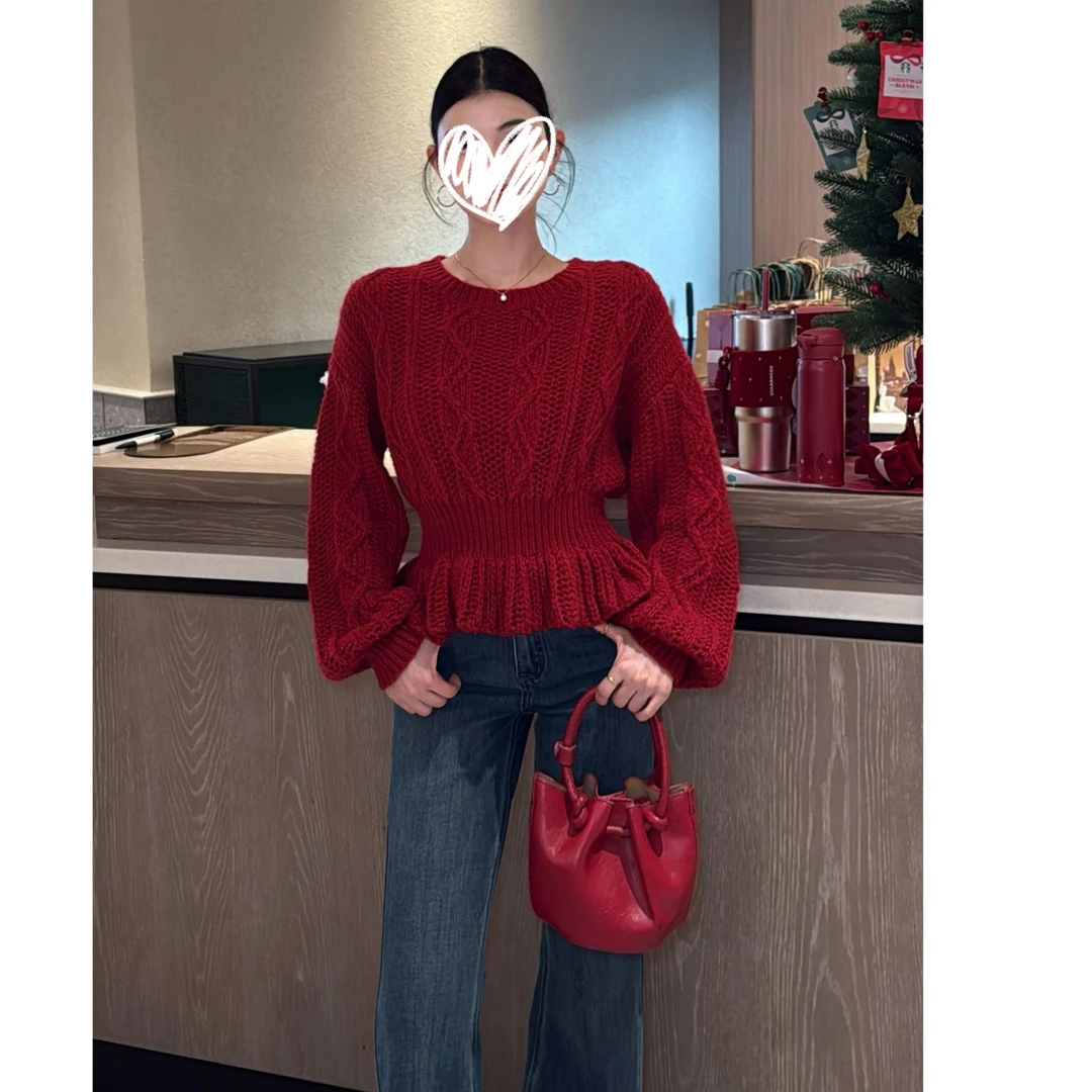 【露丝氛围】法式约会感女神必备灯笼袖显瘦收腰韩系厚款毛衣23797#