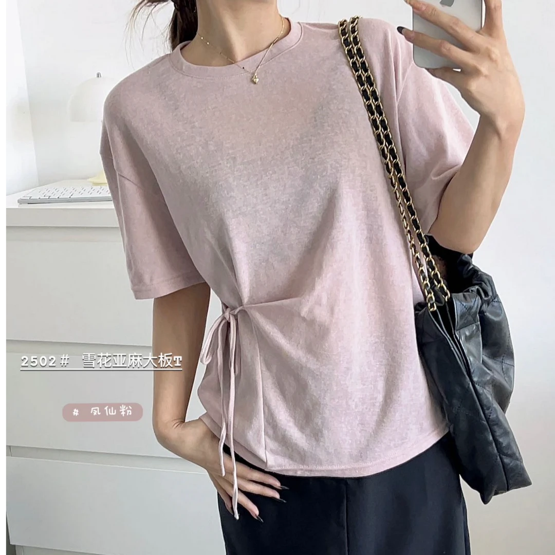 2025雪花亚麻大板T夏季薄款韩版潮流显瘦舒适纯色宽松休闲上衣