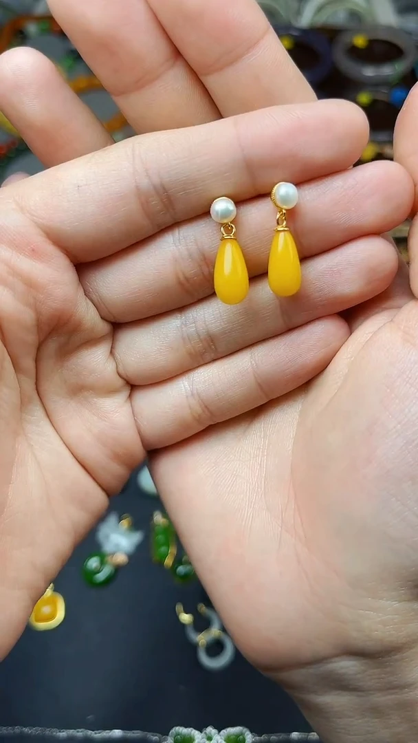 蜜蜡银S925镶嵌耳饰耳钉 06