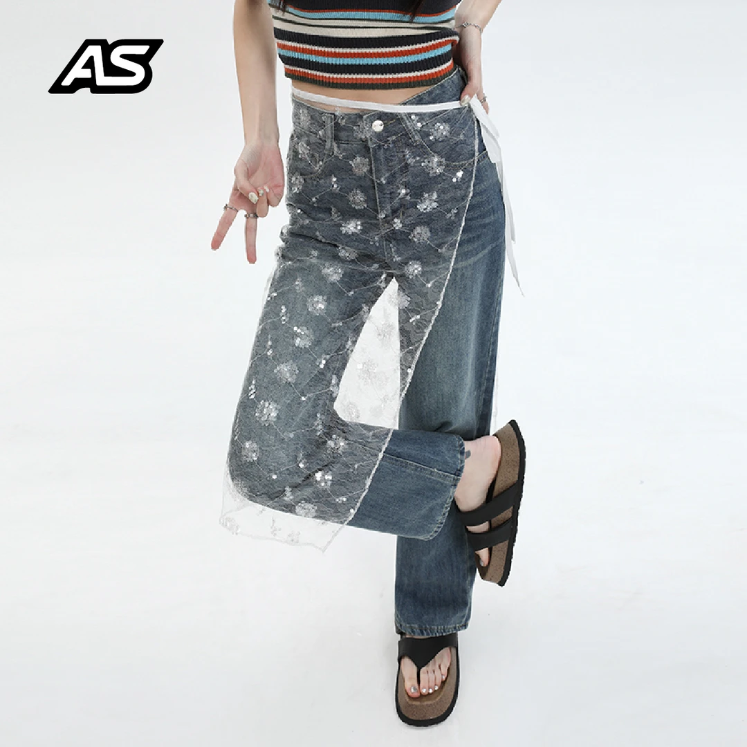 AS|韩国博主叠穿屁帘女系带一片式蕾丝百搭半身裙遮臀透视气质韩