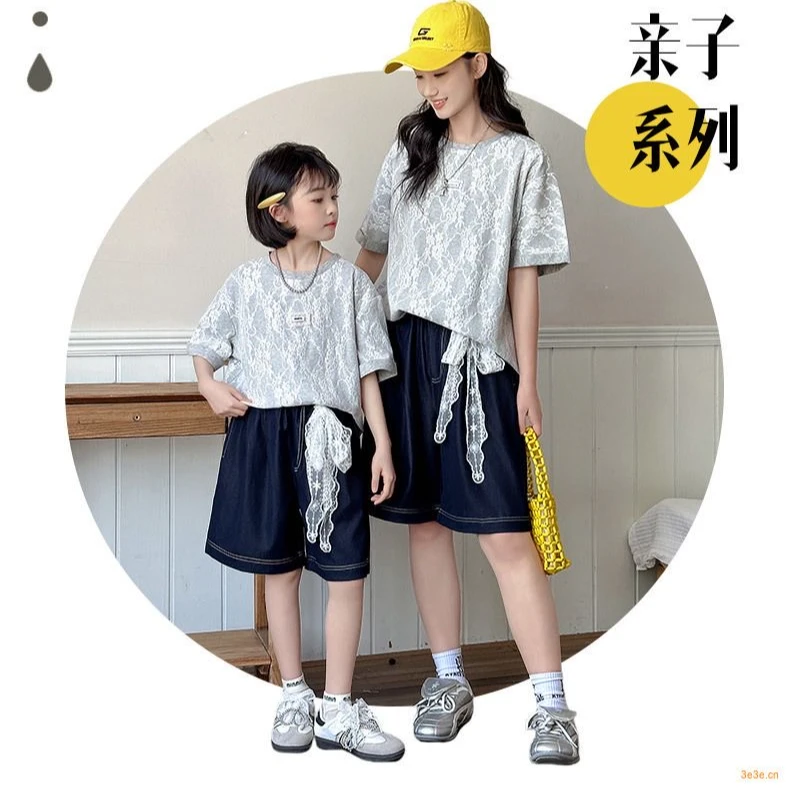 亲子花边T牛仔短裤2025夏季新款洋气休闲领碎花短袖短裤潮CSC2184