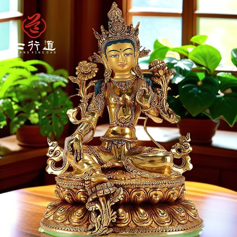 上行道铜像摆件尼泊尔手工绿度母鎏金雕花居家镶嵌度母像造像10寸