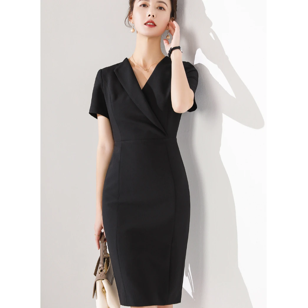 AQ0619中长裙西装领拉链美容院连衣裙名媛晚礼服职业女神范黑色C