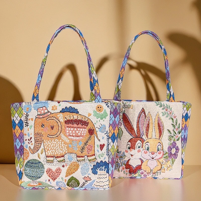 可爱帆布手提便当ins上班包百搭休闲刺绣手拎包女手机包饭盒袋