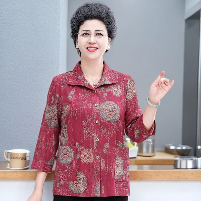 中老年人夏装衬衫女带兜七分袖奶奶夏季衬衣口袋套装老人太太新款