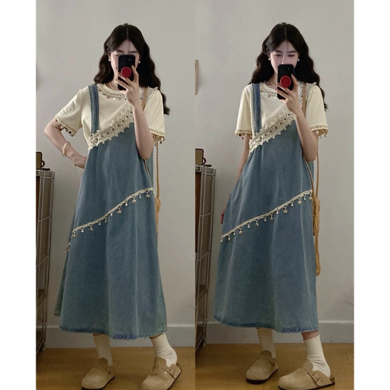 大码夏季胖MM时尚设计感宽松T恤小众无袖背心牛仔连衣裙洋气穿搭