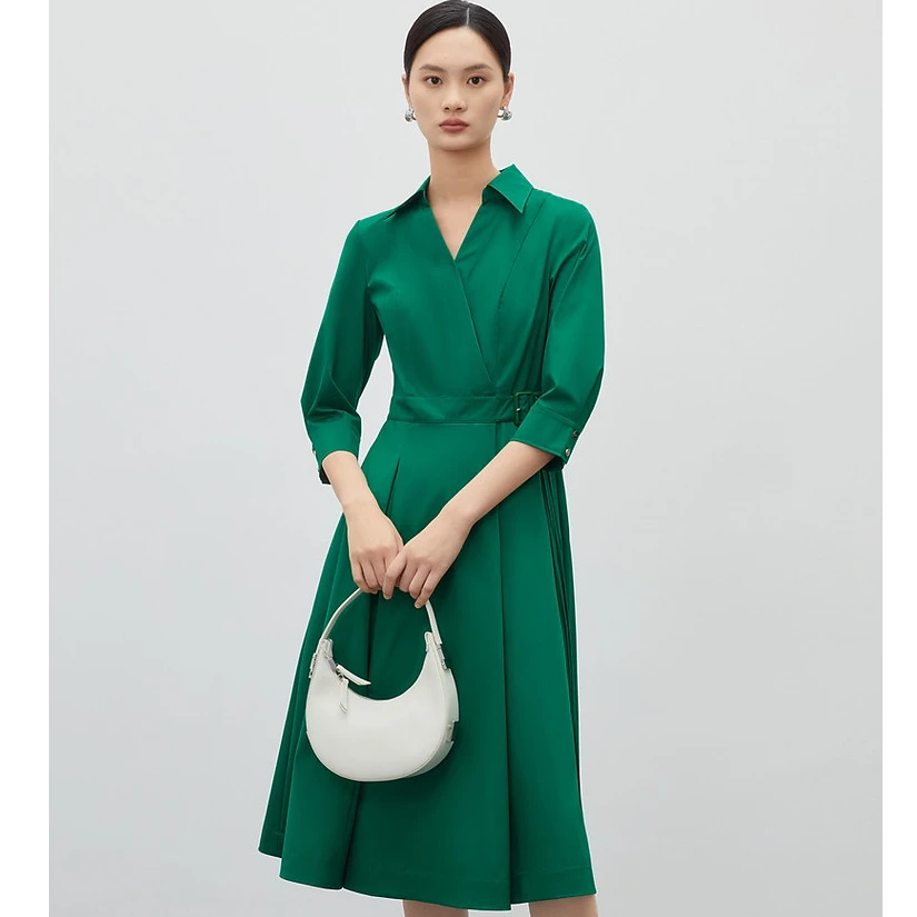 【晨粉专享价】NEXY.CO/奈蔻夏气质单排扣九分衬衫裙女A字连衣裙