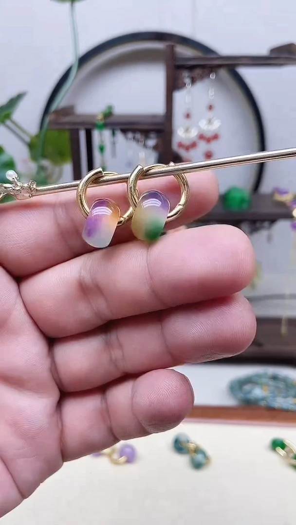 翡翠14K金镶嵌耳饰122号春彩