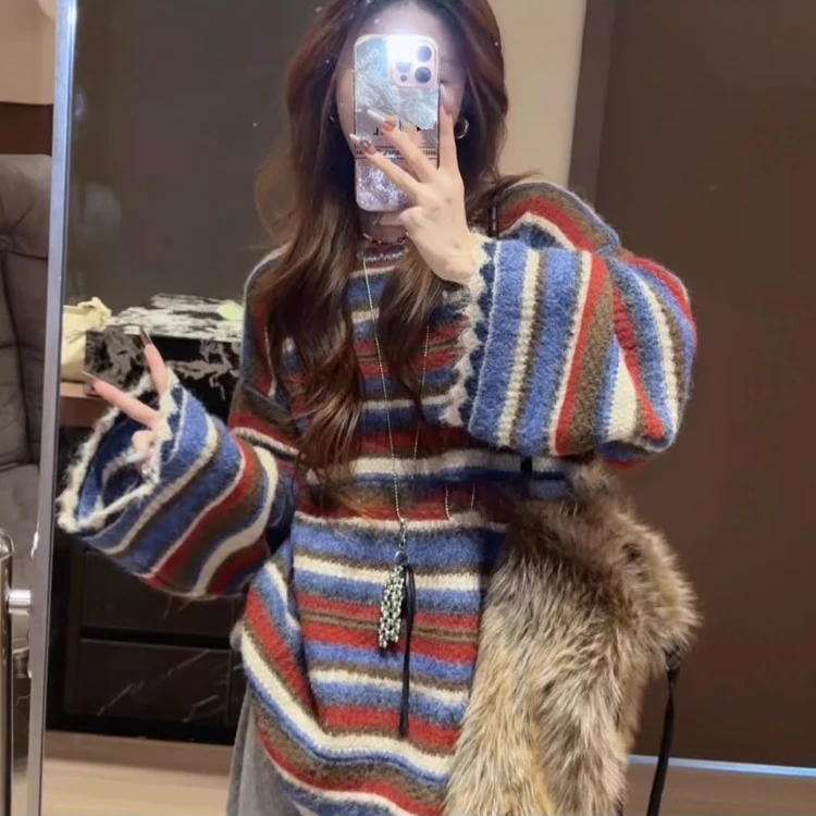 韩系复古撞色条纹毛衣女秋冬可外穿慵懒风宽松软糯针织衫内搭上衣