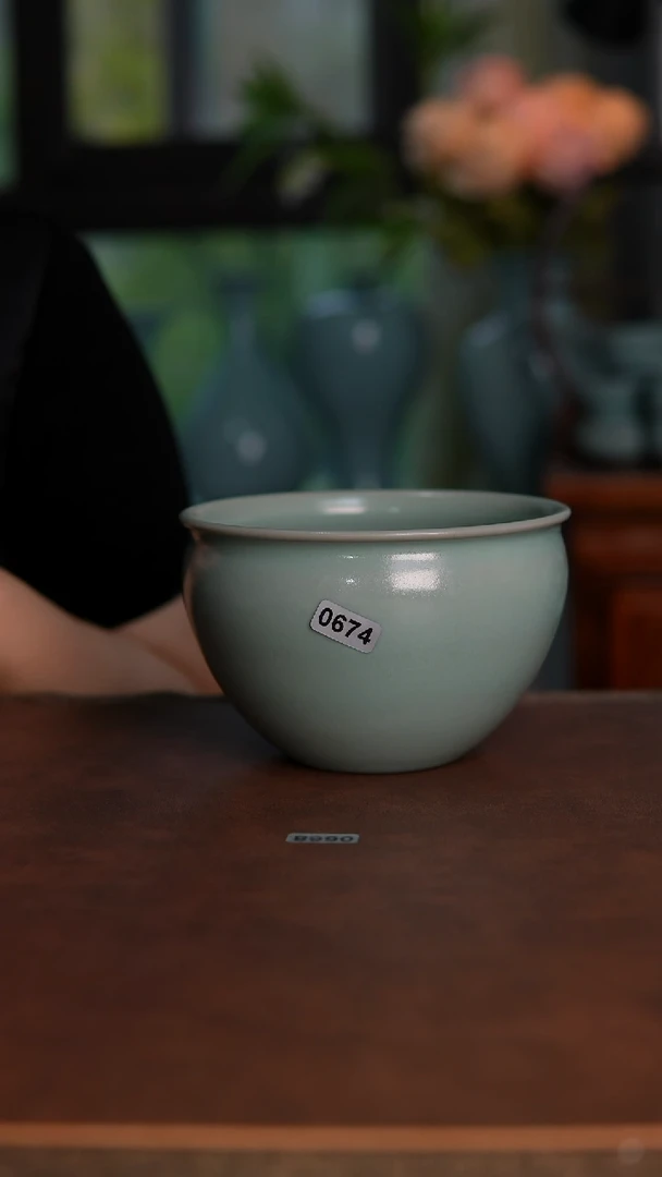 摆件0674青绿釉无纹缸洗500毫升