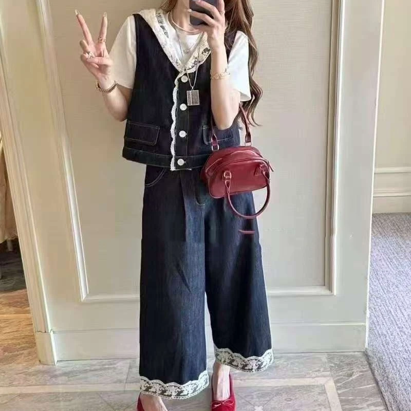 （柚子同款）ZJ夏季套装女蕾丝连帽牛仔马甲+阔腿裤两件套529