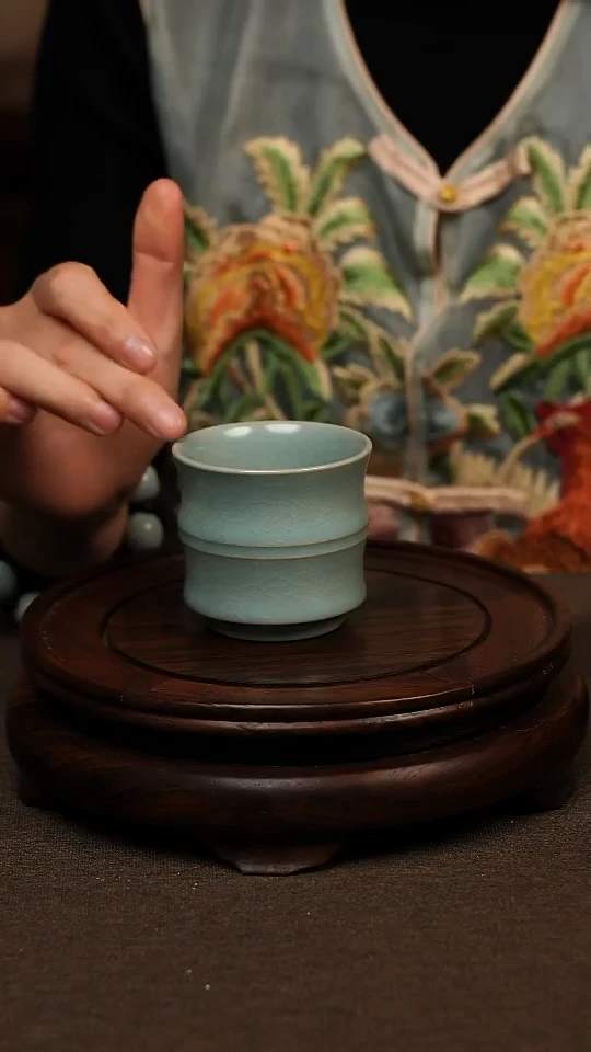 瓷片仿古天青全手竹节杯100ml 微瑕 不带礼盒