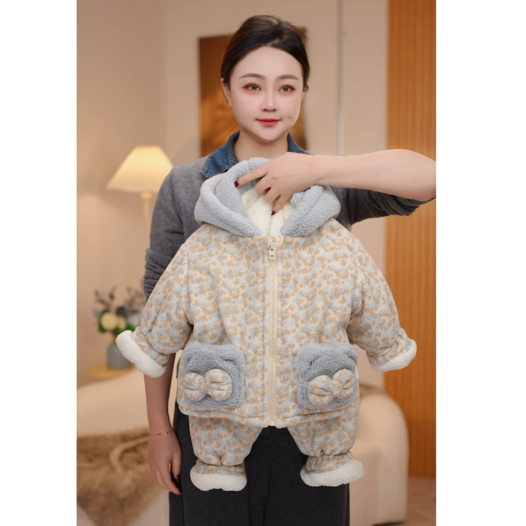 儿童加绒加厚省服女童保暖冬款睡衣韩版套装新款三层加厚冬季