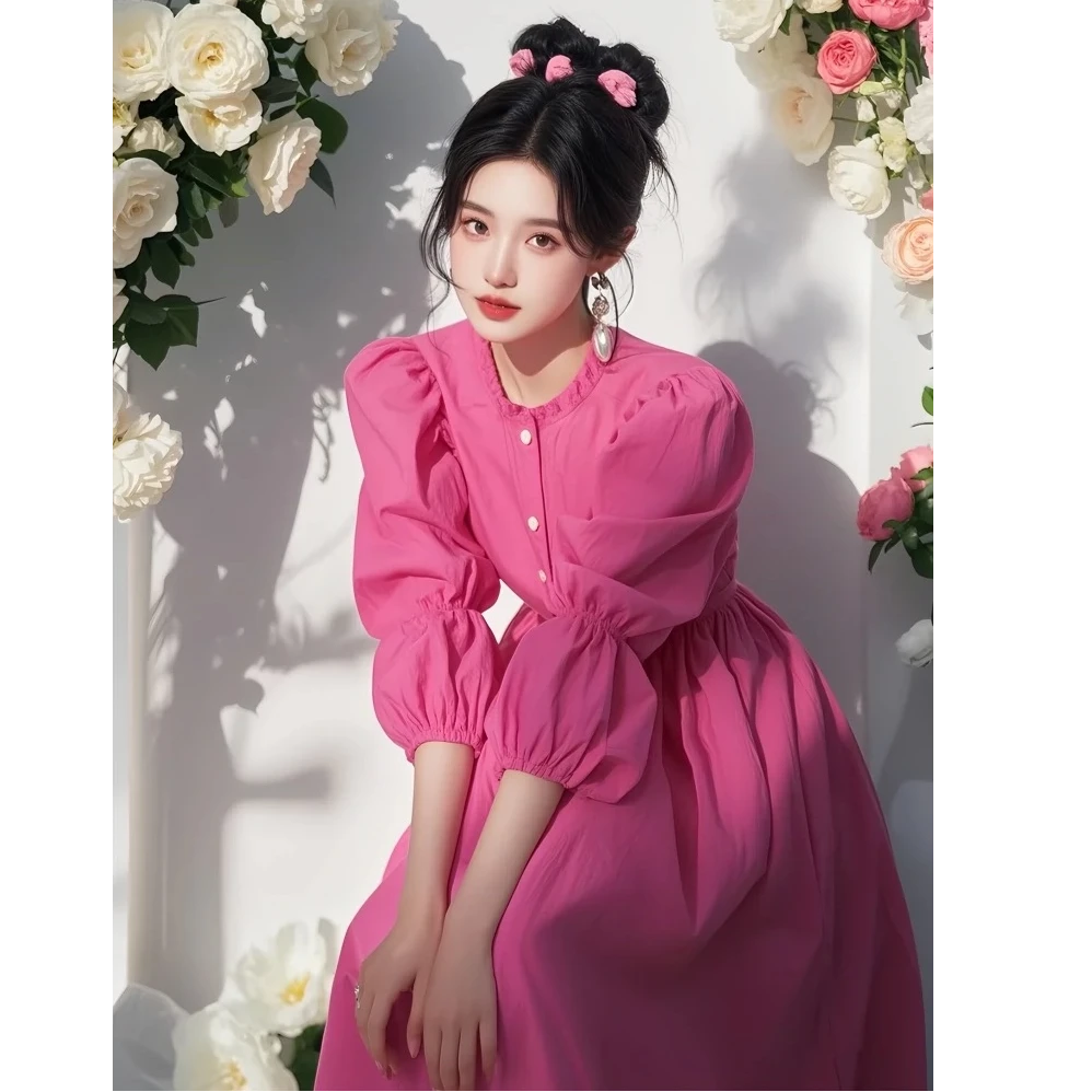 2025超火玫红色泡泡袖连衣裙气质名媛多巴胺独特绝美初恋清纯裙子