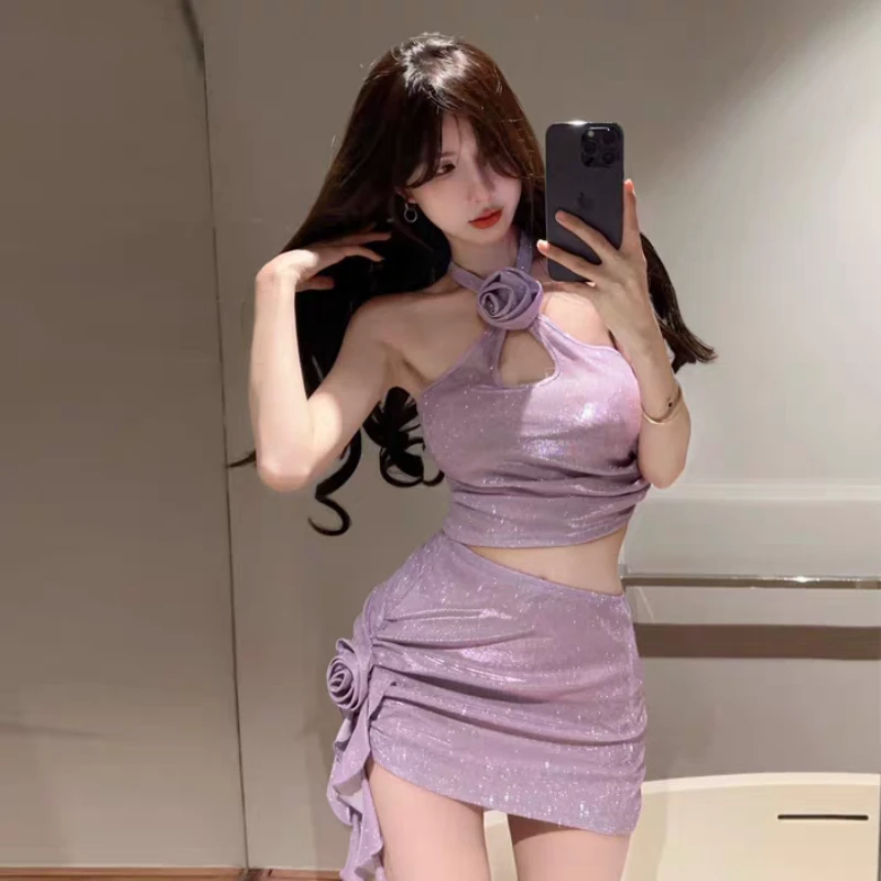 分体挂脖泳衣遮肉显瘦保守泳衣女款泡温泉紫色新款性感显白网红款