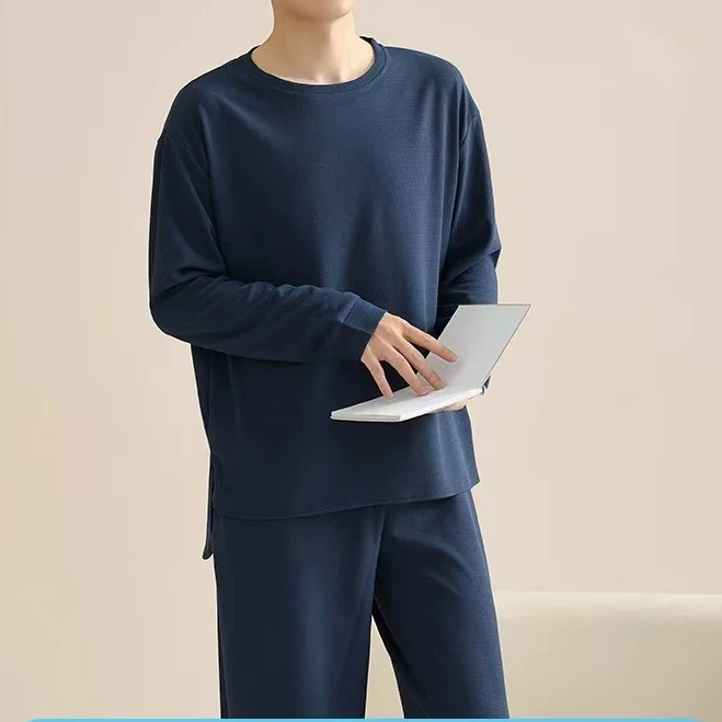 墨老板大码华夫格睡衣男2025秋新款居家服一套家居服套装外穿002