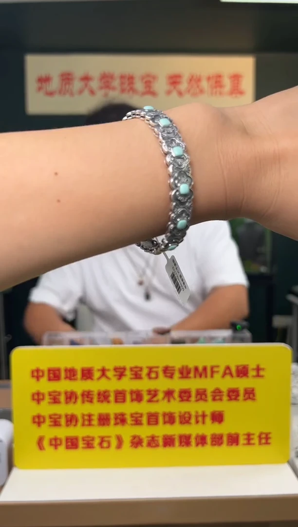 银S925镶嵌绿松石手镯（开口镯）绿松石手镯S925复古银