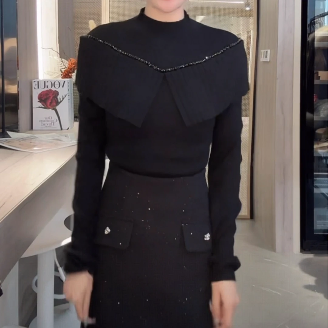 2025秋冬新款设计感荷叶边半高领百搭显瘦打底衫韩系时尚针织衫女